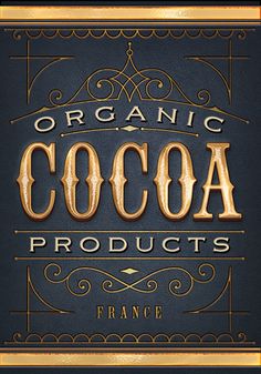 the label for organic cocoa products is shown in gold and black on a blue background