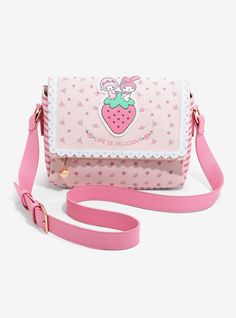 Spruce up your look with sweet Sanrio style! This pastel pink crossbody features My Melody and My Sweet Piano atop a strawberry  just above embroidered "Life is Delicious" lettering. With a strawberry zipper pull  pink stitching  and magnetic closure  this bag keeps your valuables safe and chic!A BoxLunch Exclusive!Polyurethane; polyesterApprox. 10 12" W x 8" H x 5 12" DImported Sanrio Style, My Sweet Piano, Dr Wardrobe, Sanrio My Melody, Kawaii Bags, Box Lunch, Kawaii Accessories, Printed Handbags, Cute Backpacks