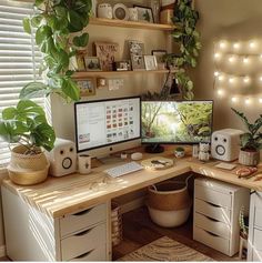 a desk with a computer, speakers and plants on it in front of a window