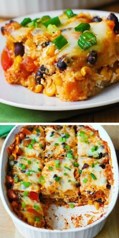 two pictures of different types of lasagna casserole with cheese and vegetables