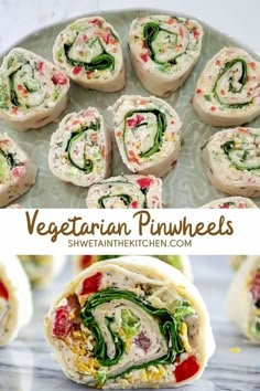 vegetarian pinwheels with spinach, cheese and vegetables in them on a plate