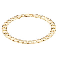 "Sleek and stylish, this 14k gold plated Cuban chain bracelet perfectly complements your handsome look. Length: 8.5 in. Clasp: lobster-claw Metal: brass Plating: 14k gold Finish: polished Width: 7 mm Packaging: boxed Gift Givers: This item ships in its original packaging. If intended as a gift, the packaging may reveal the contents. Size: 8.5"". Color: Yellow. Gender: male. Age Group: adult." Classic Gold Plated Chain Bracelet With Curb Chain, Classic Gold Plated Curb Chain Bracelet, Classic Gold-plated Curb Chain Bracelet, Classic Gold Plated Figaro Chain Bracelet, Classic Gold-plated Cuban Link Bracelet, Classic Oval Link Gold Bracelet, Classic Gold Cuban Link Chain Bracelet, Classic Gold Plated Cuban Link Bracelet, Modern Gold Figaro Chain Bracelet