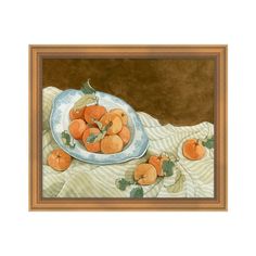 a painting of some oranges on a plate and a cloth with leaves around it