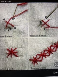 four pictures showing how to sew the star stitch