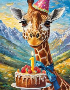 a painting of a giraffe with a birthday cake