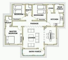 the floor plan for a three bedroom house with two bathrooms and one living room in it