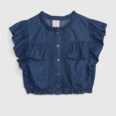 New! Gap X Love Shack Fancy Denim Top For Kids Gap Icons Meet Loveshackfancy Icons. Classics With Florals, Nostalgic With A Twist, Made For All. Soft Denim Top. Crewneck With Ruffle Detail. Short Flutter Sleeves. Button Front. Elasticized Hem. Medium Denim Wash. Have It In Size Kids Xl (12) And Kids L (10) Girls Denim Shirt, Copenhagen Style, Button Front Top, Water Saving, Kids Denim, Layered Tops, Denim Button Down, Gap Denim, Girls Denim