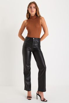 You can always rely on the Daze Denim Sundaze Black Vegan Leather High Rise Straight Leg Pants to make you look like your hottest self! Sleek vegan leather shapes these totally trendy pants that feature a high-rise waist, belt loops, a classic five-pocket cut, and a branded top button above a hidden zip fly. Straight pant legs end at ankle-length hems. Style with a cute crop top and some strappy high heels for a casual yet irresistible going-out look! Fit: This garment fits true to size. Length: Iconic Beauty, Strapless Bodysuit, Casual Formal Dresses, Trendy Pants, Cozy Winter Outfits, Lulu Fashion, Strappy High Heels, Velvet Bodysuit, Casual Wedding Dress