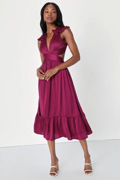 Plum Purple Dress - Purple Lace-Up Dress - Pleated Midi Dress - Lulus Purple Semi Formal Dresses, Purple Wedding Guest Dresses, Midi Wedding Guest Dress, Petite Wedding Guest Dresses, Fall Wishlist, Summer Wedding Guest Dresses, Elegant Midi Dress, Clear Winter, Diva Dress