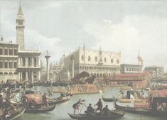 a painting of people on boats in the water