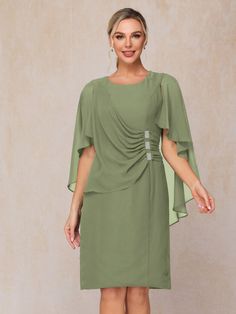 Short Sleeves Knee Length Chiffon Mother Of The Bride Dress With Beadi Olive Green Mother Of The Bride Dress, Sage Green Mother Of The Bride Dress, Dresses With Pleats, Beading Dress, Dress With Pleats, Mother Of Groom Dresses, Sleeves Dress, Mother Of The Bride Dress, Dress Purchase