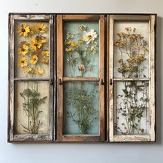 an old window with dried flowers in it is hanging on the wall next to a white wall