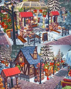 two different views of a christmas village with trees and presents on the roof, in front of