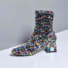 Liosa Colorful Sequin Ankle Boots Colorful Vibes, Diamond Heels, Boots 2020, Sequin Heels, Low Heel Boots, Crystal Shoes, Thick Heels, Mid Heel, Haiti