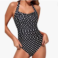 Temp Me Polkadot Swimsuit Halter Ties At Neck Black And White Ruched Tummy Control Never Worn Size L Amazon Sleeveless Swimwear For The Beach, Poolside Fitted Polka Dot Tankini, Polka Dot Fitted Tankini For Poolside, Fitted Sleeveless Swimwear By Amazon, Fitted Polka Dot Tankini For Beach, Polka Dot Fitted Tankini For Vacation, Fitted Polka Dot Tankini For Vacation, Amazon Fitted Beachwear Swimwear, Fitted Amazon Beachwear Swimwear