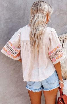 tassel drawstring embroidered half sleeve beige loose top. *Fits big.* Boho Florals, Short Wrap Skirt, Midi Skirt Casual, Peplum Midi Dress, Embroidered Cotton Top, Black Peplum, Mauve Dress, Beige Top, V Neck Top