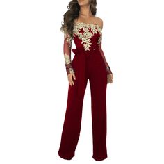 Wine Red Floral Sleeve Wide Leg Strapless Jumpsuit Red Evening Jumpsuits And Rompers For Summer, Red Strapless Jumpsuit For Summer Party, Chic Red Strapless Jumpsuit For Evening, Red Jumpsuits And Rompers For Holiday Night Out, Red Holiday Jumpsuits And Rompers For Evening, Red Jumpsuits And Rompers For Night Out And Holiday, Red Holiday Jumpsuits And Rompers For Night Out, Red Fitted Strapless Jumpsuit For Party, Fitted Christmas Jumpsuits And Rompers