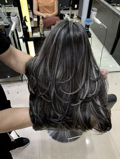 Jet Black Hair With Highlights Blondes, Ash Gray Hair Highlights, Streaky Highlights On Black Hair, Platinum Blonde Highlights On Black Hair, Black Hair With Platinum Highlights, Black Hair With Ash Highlights, Grey And Black Hair, Bob Angled, Black Hair Balayage