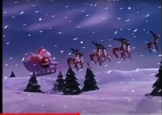 santa's sleigh and reindeers are flying over the snow covered ground