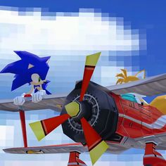 sonic the hedgehog and tails flying in an airplane with other cartoon characters around them