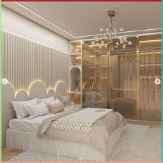 a bedroom with a bed, chandelier and closet in the back ground floor