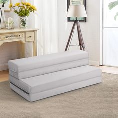 PRICES MAY VARY. Full Extra Long size mattress measures 54" by 80", 4 inch extra thick mattress features a layer of foam supported by high-density foam where air flows well throughout the bed to help prevent overheating. The full xtra-long foldable mattress offers enough support for side and back sleepers and works well for heavier folks who need some pressure relief but still want a firmer bed to make sleeping comfortable and easy. This tri-fold bed is available in three sizes and is wrapped in Yoga Gymnastics, Bed Yoga, Magic Stickers, Portable Mattress, Spare Bed, Mattress Bed, Sofa Bed Sleeper, Foldable Mattress, Folding Sofa Bed