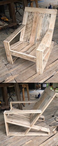 two pictures of a wooden chair made out of pallets