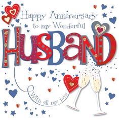 happy anniversary to my wonderful husband with two champagne glasses and hearts on the background, ebay