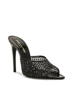 Saint Laurent Blonde Mule Sandal In Black - Nero & Jet | Editorialist Luxury Mesh Heels, Luxury Fitted Sandals For Night Out, Luxury Party Heels In Mesh, Luxury Mesh Heels For Party, Designer Embellished Party Sandals, Luxury Party Mesh Heels, Embellished Party Sandals, Glamorous Party Heels For Festive Occasions, Black Embellished Sandals For Gala