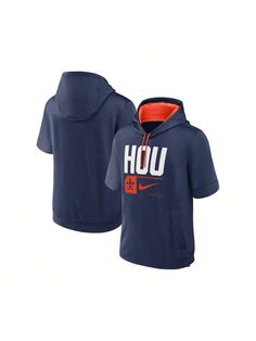 Main an ideal temperature in this Houston Astros Tri Code Lockup hoodie. This short-sleeve design by Nike features a mesh-lined hood for breathableverage and the added softness of French terry fabric. Front pockets keep hands warm and  items easily accessible in this Houston Astros pullover. 
Rounded hem with side splits 
Hooded 
French terry fabric 
Brand: Nike 
Pullover 
Midweight hoodie suitable for moderate temperatures 
Short sleeve 
Screen p graphics 
Mesh-lined hood 
Two front pockets 
Th Navy Sports Hoodie Top, Sporty Short Sleeve Hoodie With Drawstring, Sporty Short Sleeve Sweatshirt, Sporty Short Sleeve Sweatshirt For Sports, Nike Pullover, Side Splits, French Terry Fabric, Short Sleeve Pullover, Houston Astros