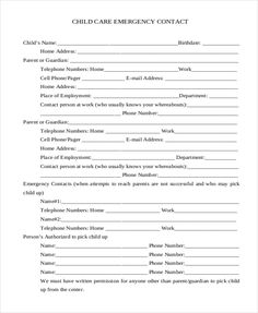 the child care emergency contact form is shown in this file, and it contains information for each