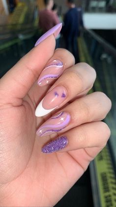 Nail Design On Almond Shape, Purple Almond Acrylic Nails Ideas, Pink Nails With Sparkle Tips, Purple Reflective Nails, Purple Prom Nails Almond, Gel Nails Almond Purple, Pretty Purple Nail Designs, Almond Glam Nails, Almond Acrylic Nails Designs Purple