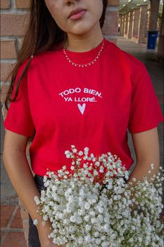 "Some days we cry pero no pasa nada.  NOW IN RED. Perfect for your galentine's get togethers  Unisex Fit (if you prefer a fitted look, we suggest sizing down) Red Tee/  White embroidery   Reads \"Todo Bien Ya Llore.\" Embroidered with LOVE by JZD in Brownsville, Tx" Gift Red Embroidered Top, Red Embroidered Tops Gift, Red Embroidered Top For Gift, Red Embroidered Tops As Gift, Red Top With Text Print For Gift, Red Tops With Text Print As A Gift, Red Top With Text Print As A Gift, Red Text Print Top As A Gift, Galentines Gifts