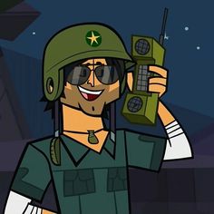 a cartoon character holding a radio in his right hand and wearing a helmet on top of it