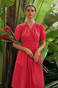 Ruffled Surplice Midi Dress – CURRENT AIR Midi Dresss, Shirred Dress, Surplice Neckline, Vacation Dresses, Sweater Sale, Puffed Sleeves, Asymmetrical Hem, Trending Dresses, Short Jumpsuit