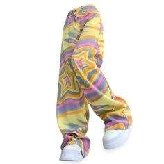 90s Star Print Trousers in Yellow | Aesthetic Clothing – Boogzel Clothing Trendy Multicolor Straight Leg Wide Pants, Spring Y2k Wide-leg Pants, Multicolor Wide Leg Streetwear Bottoms, Multicolor Wide Leg Bottoms For Streetwear, Yellow High Waist Cotton Wide Leg Pants, Trendy Yellow Straight Leg Bottoms, 90s High-waisted Summer Pants, 90s Style High-waisted Summer Pants, Trendy Yellow Straight Leg Pants