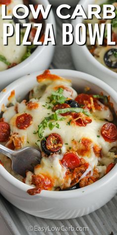 low carb pizza bowl with cheese, tomatoes and olives in white serving bowls