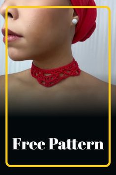 a woman wearing a red head scarf with the words free pattern below it