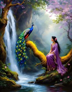 a painting of a woman sitting on a tree branch with a peacock next to her