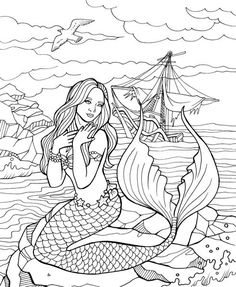 a mermaid sitting on top of a boat in the ocean with a sailboat behind her