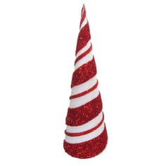 a red and white striped christmas tree ornament with glitter on it's top