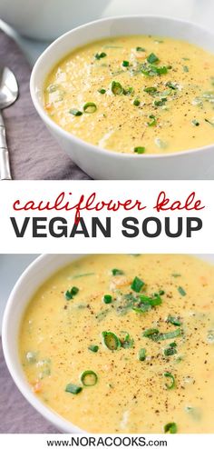 two bowls of creamy vegan cauliflower kale soup