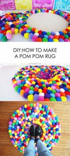 a person standing on top of a rug made out of pom - poms