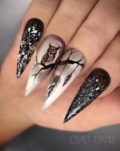 Owl Nails, Black And White Nail, Black And White Nail Art, Long Stiletto Nails, Witchy Nails, Squoval Nails, Stiletto Nail Art, Gothic Nails, Floral Nail Designs