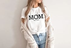 Custom Mom Est Shirt. The Best Personalized Gift For Mom on Mothers Day or Her Birthday !. Unique Custom Gift For New Moms- Mom to Be. The perfect mama look you were looking for ! with this outfit, you will receive so many compliments! Wear this shirt with jeans, shorts, skirt, with a sweater or a Dance Mom, Mama T Shirt, Mama Shirts, Teacher Tshirts, Disney Shirts, Christian Shirts, Email List, Military Green, Mom Shirts