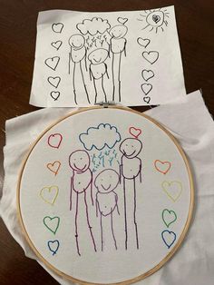 two pictures of people and hearts on paper