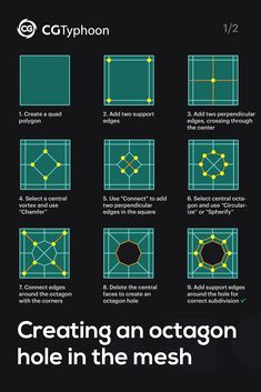 Step-by-step guide of creating an octagon hole in the 3d mesh. Example of an octagon hole in the low poly and subdivided 3d mesh. Topology Hard Surface, Blender Character, 3d Topology, Octagon Design, Blender Character Modeling, Polygon Modeling, Hard Surface Modeling, 3d Modeling Tutorial, Surface Modeling