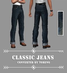 two men standing next to each other in front of a gray background with the words classic jeans converted by torrero