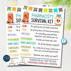 Pharmacist Survival Kit Gift Tags, pharmacist appreciation Day, Medical Staff Hospital, Funny Thank you Gift, Printable Editable Template Pharmacy Technician Day Gifts, Hospital Funny, Pharmacy Decor, Funny Thank You, Medical Staff