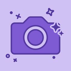 a purple camera with stars around it on a light purple background the image is part of an icon